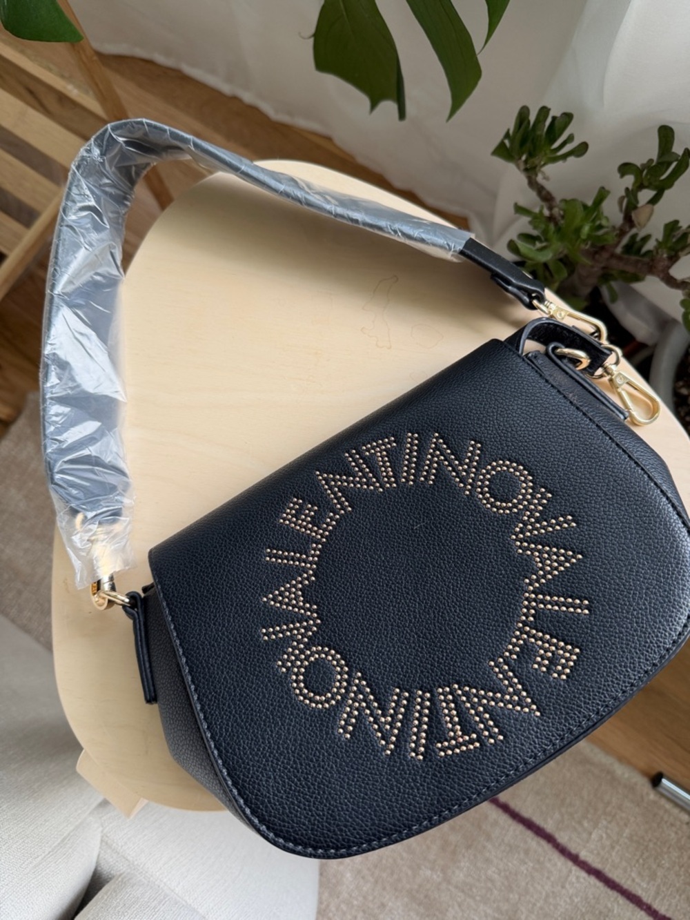 Mario Valentino Black Leather Shoulder Bag with Gold Stud Logo NWT